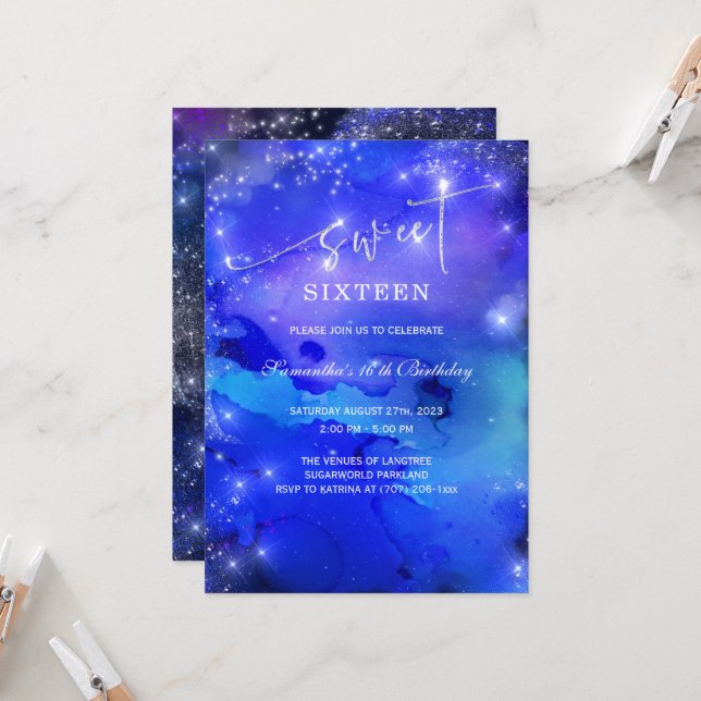 Invitación Real Azul y Plata Cumpleaños 16 (Anverso/Reverso In Situ)