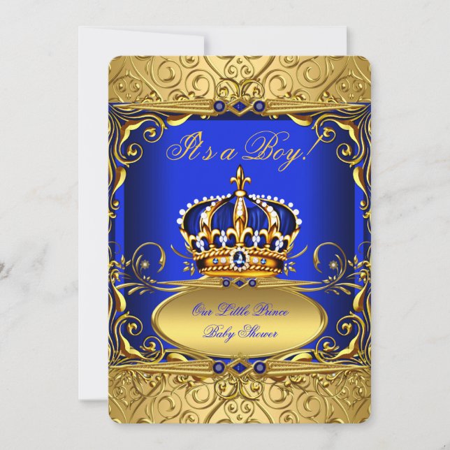 Invitación Real Blue Damask Crown de oro Baby Shower Boy RB2 (Anverso)