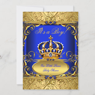 Invitación Real Blue Damask Crown de oro Baby Shower Boy RB2