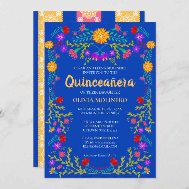 Invitación Real Blue Fiesta Fiesta Mexicana Quinceanera (Anverso / Reverso)