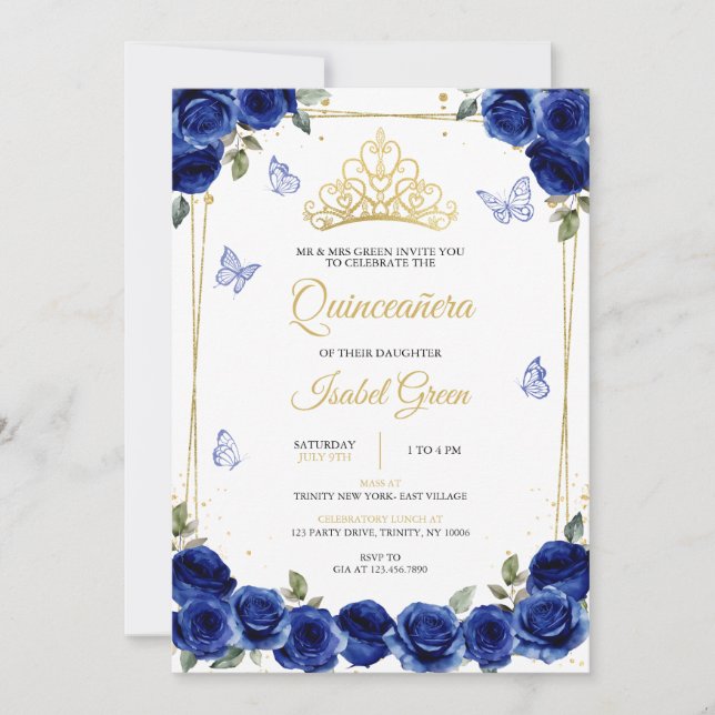 Invitación Real Blue Gold Quinceañera (Anverso)