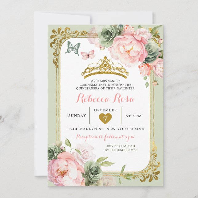 Invitación Real Crown Sage Green Light Pink Quinceañera (Anverso)