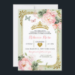 Invitación Real Crown Sage Green Light Pink Quinceañera<br><div class="desc">Invitación Quinceañera rosa de la luz verde de la corona real</div>