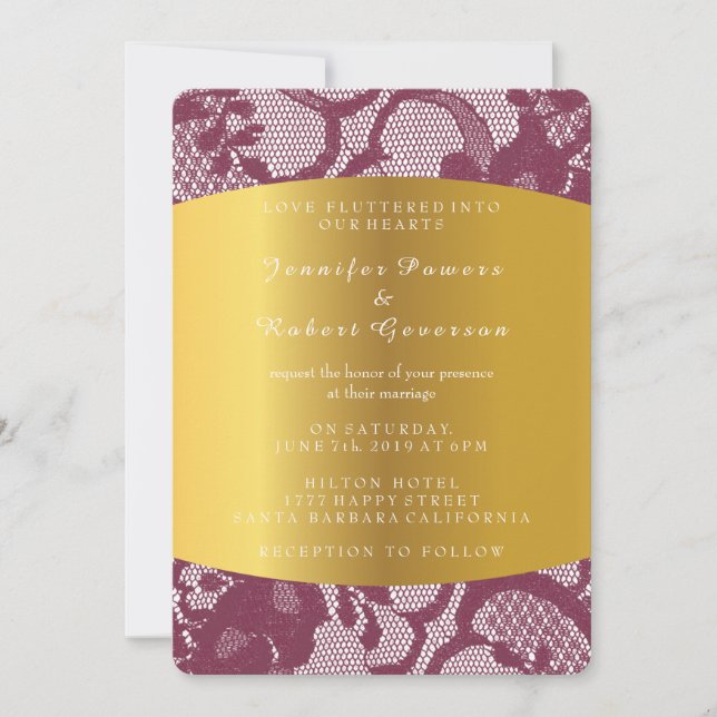 Invitación Real de Boda de Encaje Rojo Borgoña Dor (Anverso)
