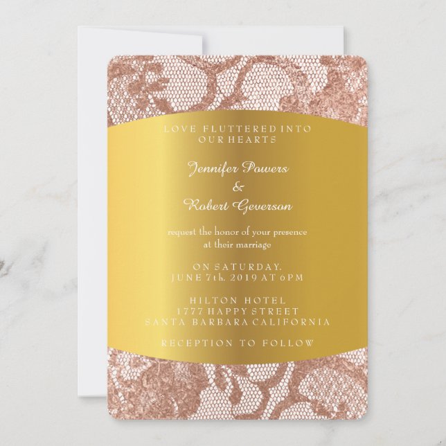 Invitación Real de Boda Falsa Rosa Dorado (Anverso)