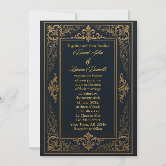 Invitación real de hojas de oro y negro (Anverso)