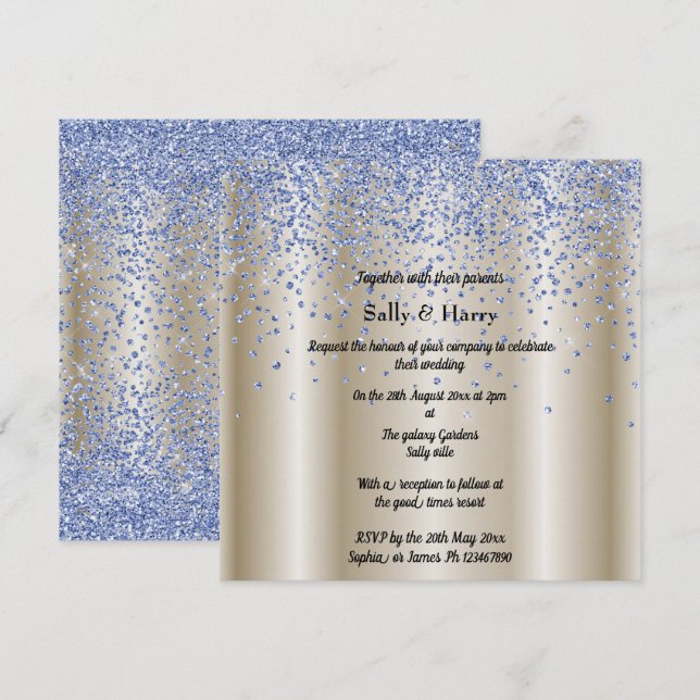 Invitación Real Diamantes Azules boda oro de cristal azul (Anverso / Reverso)