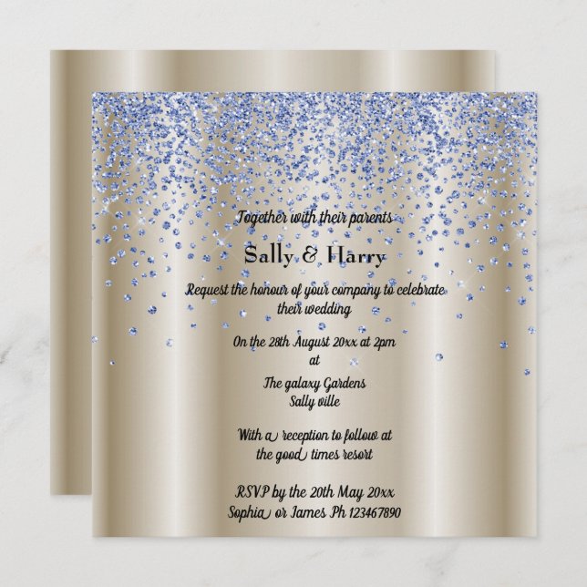 Invitación Real Diamantes Azules boda oro de cristal azul (Anverso / Reverso)