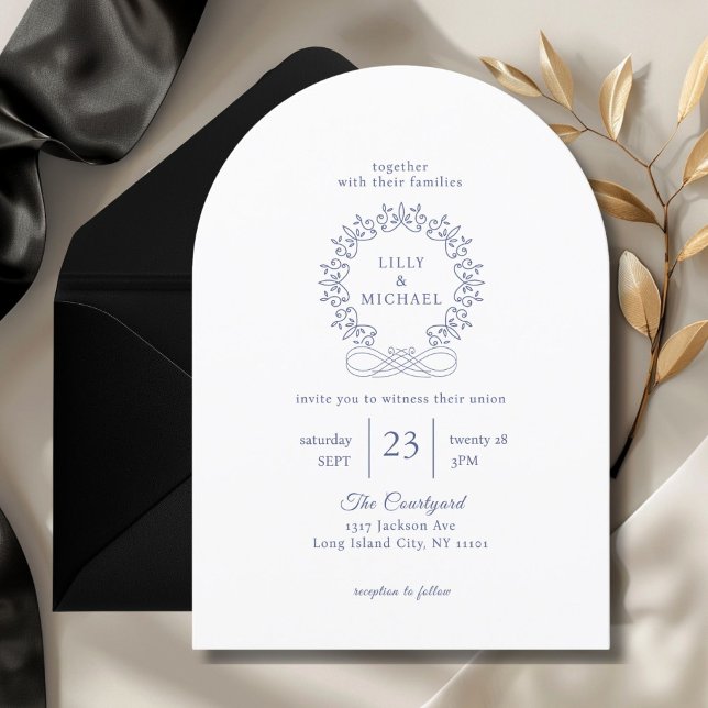 Invitación Real, Elegante, Blanco, Boda (Royal, Elegant, White, Wedding Invitation. Crest, handwriting font.)
