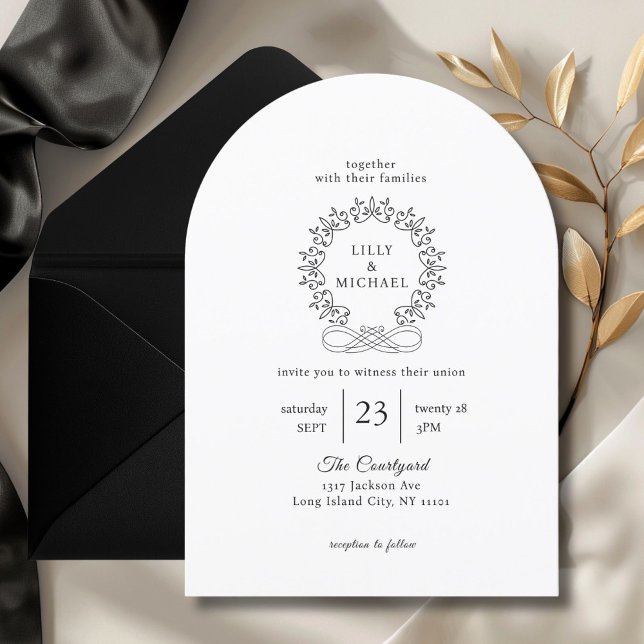 Invitación Real, Elegante, Blanco, Boda (Royal, Elegant, Classic, White, Wedding Invitation. Crest, handwriting font.)