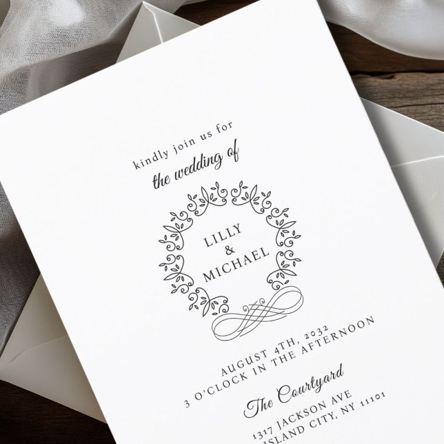 Invitación Real, Elegante, Boda (Royal, Elegant, Classic, White Wedding Invitation with scripted font. Personalized in minutes.)