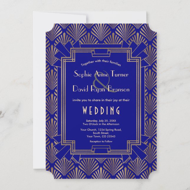 Invitación Real Marina Oro Azul Gran Gatsby Art Deco Boda (Anverso)