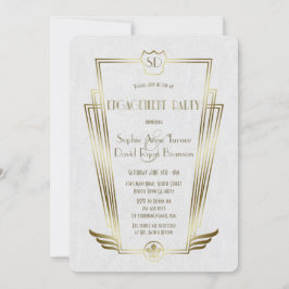 Invitación Real Oro Art Deco Monograma Compromiso Blanco