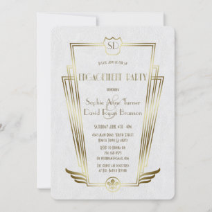 Invitación Real Oro Art Deco Monograma Compromiso Blanco