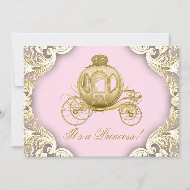 Invitación Real Princesa Baby Shower de transporte rosa y dor (Anverso)