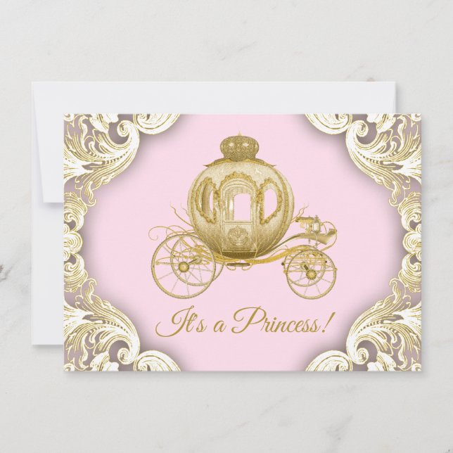 Invitación Real Princesa Baby Shower de transporte rosa y dor (Anverso)