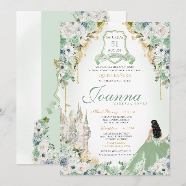 Invitación Real Princesa Mint Green & Gold Quinceanera (Anverso / Reverso)