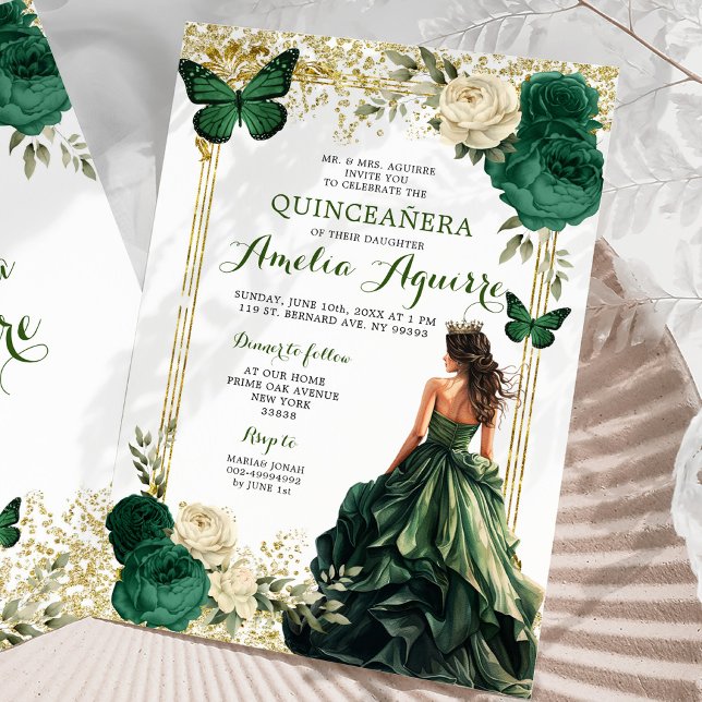 Invitación Real Princesa Quinceañera de oro y verde esmeralda (Subido por el creador)