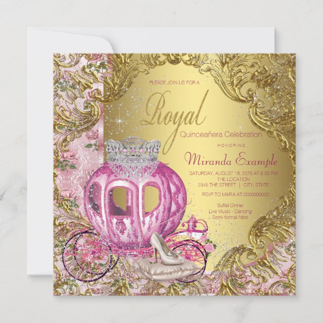 Invitación Real Princesa Quinceañera Rosa y Oro (Anverso)