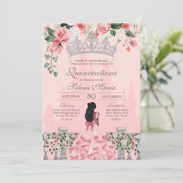 Invitación Real Princesa Rosa y Plata Quinceañera (Anverso de pie)