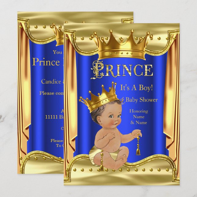 Invitación Real Príncipe Azul Baby Shower Gold Brunette (Anverso / Reverso)