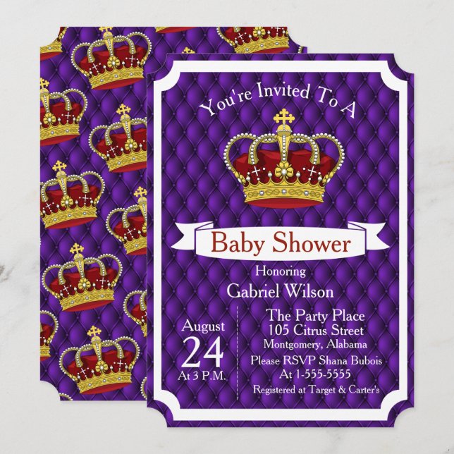 Invitación Real Red Crown y Purple Regal Baby Shower (Anverso / Reverso)