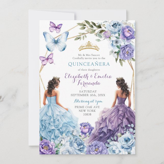 Invitación Real Rubor Azul Púrpura Geométrica Quinceañera (Anverso)