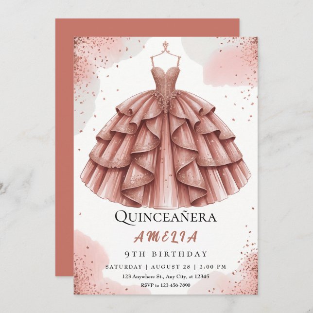 Invitación Real Rubor Pink & Rosa Gold Quinceañera (Anverso / Reverso)