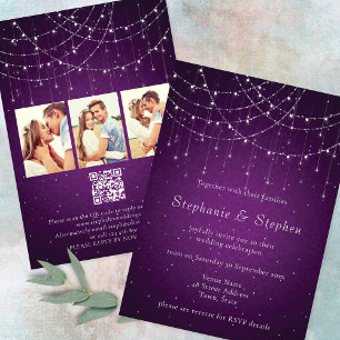 Invitación Reales Luces de Cadena Púrpura 3 Boda de Código QR