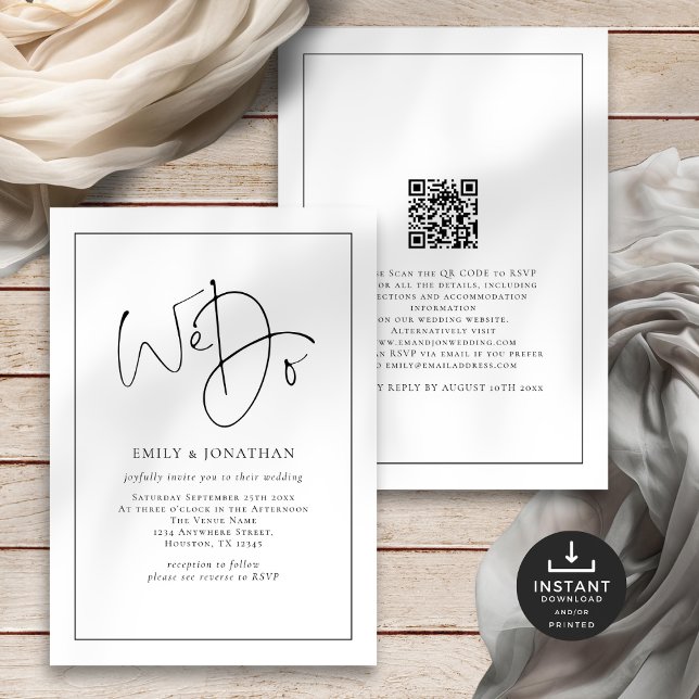 Invitación Realizamos Boda de código QR de borde de línea de  (Front and back view)