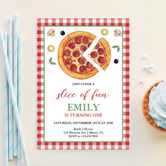Invitación Rebanada de Diversión UNA Fiesta de Pizza Cumpleañ