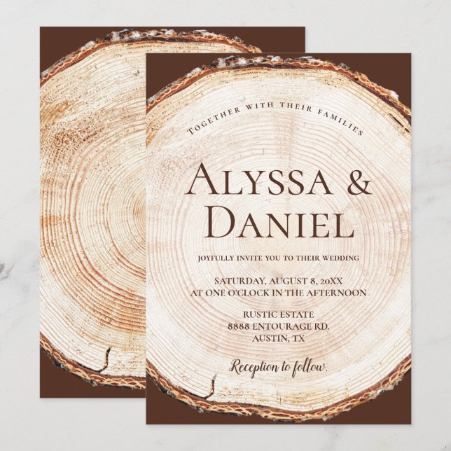 Invitación Rebanada de Madera Rústica Boda Bosque Árbol Perso (Anverso / Reverso)
