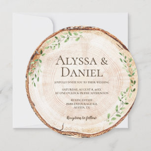 Invitación Rebanada de madera rústica con boda de bosque verd