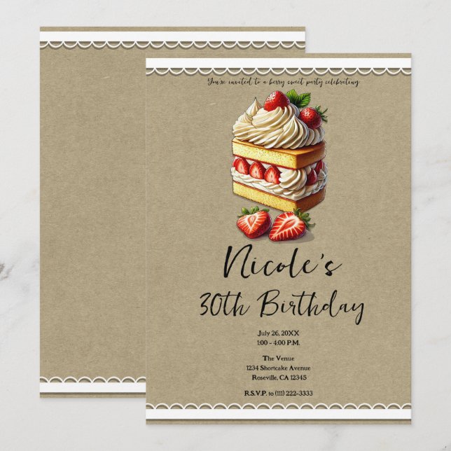 Invitación Rebanada de pastel de cumpleaños de fresa (Anverso / Reverso)