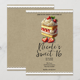 Invitación Rebanada de pastel de fresa dulce cumpleaños 16
