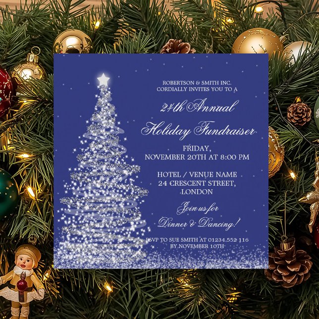 Invitación Recaudación de fondos corporativos Gala Silver Nav (Holiday Corporate Fundraiser Gala Silver Navy Blue Invitation)