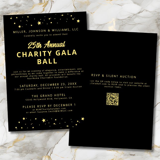 Invitación Recaudación de fondos de la organización benéfica  (Company Charity Gala Ball Silent Auction Fundraiser Black and Gold Invitation with QR Code, Stars.)