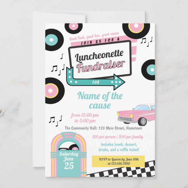 Invitación Recaudación de fondos de Retro Luncheonette (Anverso)