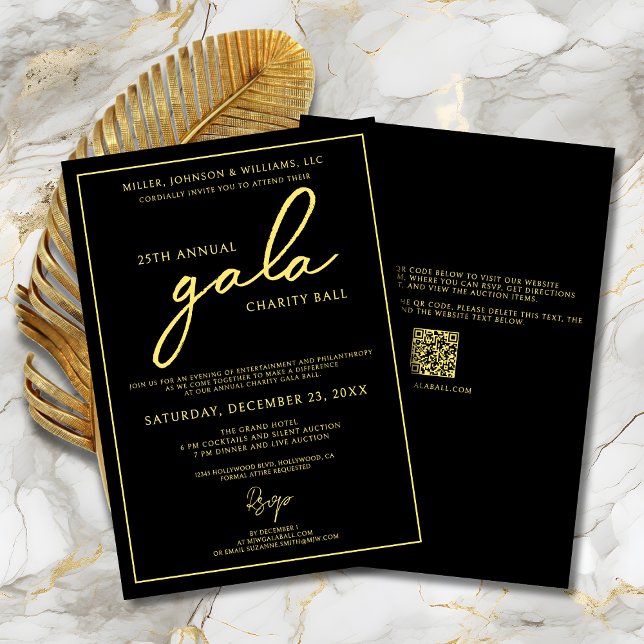 Invitación Recaudación de fondos para el evento de gala con e (Charity Gala Ball Fundraiser Black and Gold Invitation with Script Calligraphy, QR Code.)