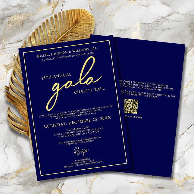 Invitación Recaudación de fondos para el evento de gala elega (Gala Event Charity Fundraiser Elegant Navy Blue and Gold Invitation with Script Calligraphy, QR Code)