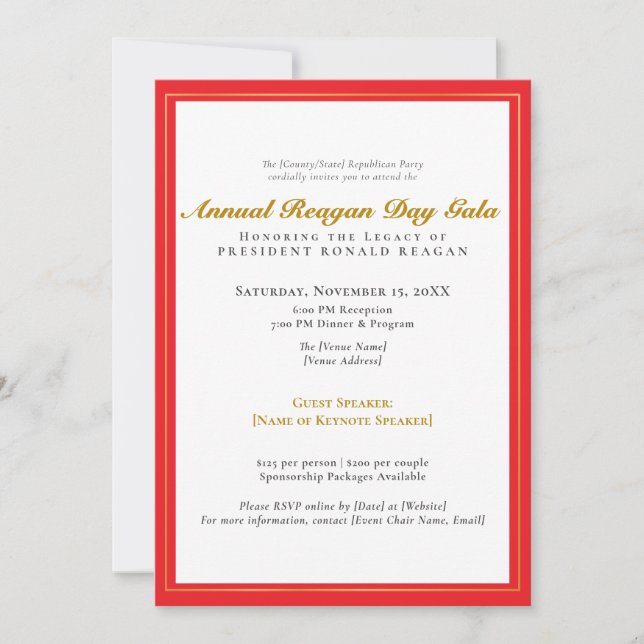 Invitación Recaudación de fondos para la Gala del Día de Reag (Anverso)