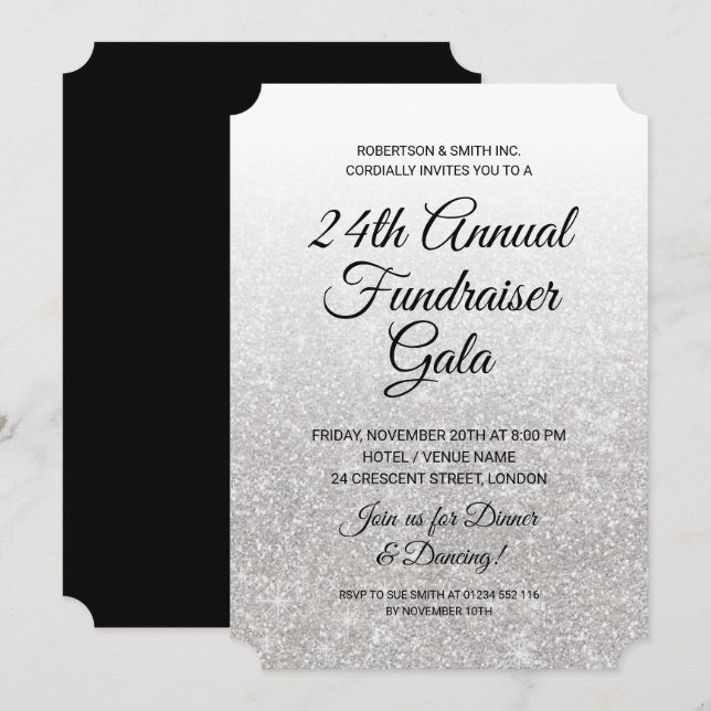 Invitación Recaudación Formal Corporativa Brillante Plata (Anverso / Reverso)