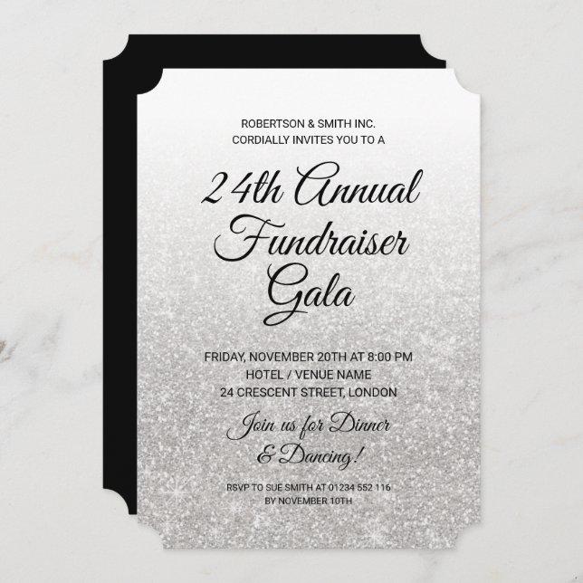 Invitación Recaudador Corporativo Formal Brillo Plateado (Anverso / Reverso)