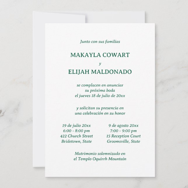 Invitación Recepción 2 inglés-español verde minimalista (Reverso)