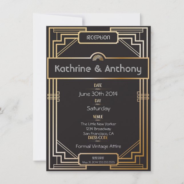 Invitación Recepción Art Deco Black and Gold Gatsby (Anverso)