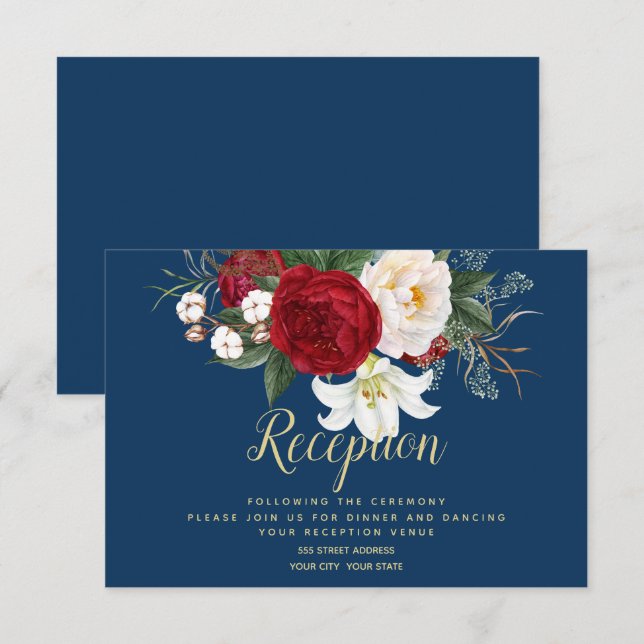 Invitación Recepción | Azul marino con peonías rojas crimson (Anverso / Reverso)
