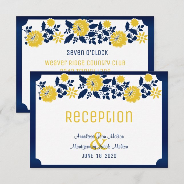 Invitación Recepción - azul marino y boda floral amarilla (Anverso / Reverso)