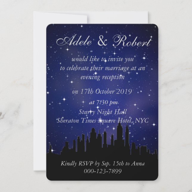 Invitación Recepción Blue Starry Night NYC Skyline Wedding (Anverso)