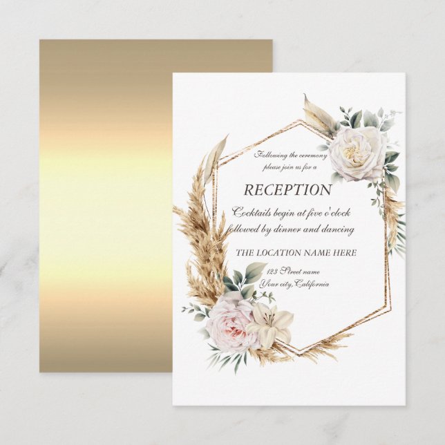 Invitación Recepción con marco dorado floral (Anverso / Reverso)