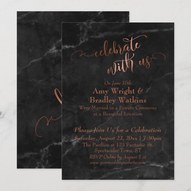 Invitación Recepción Copper Black Marble Celebre con Nosotros (Anverso / Reverso)